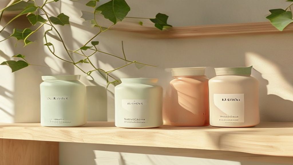 Three minimalist ceramic jars on a shelf labeled Essentials, Growth, and Joy