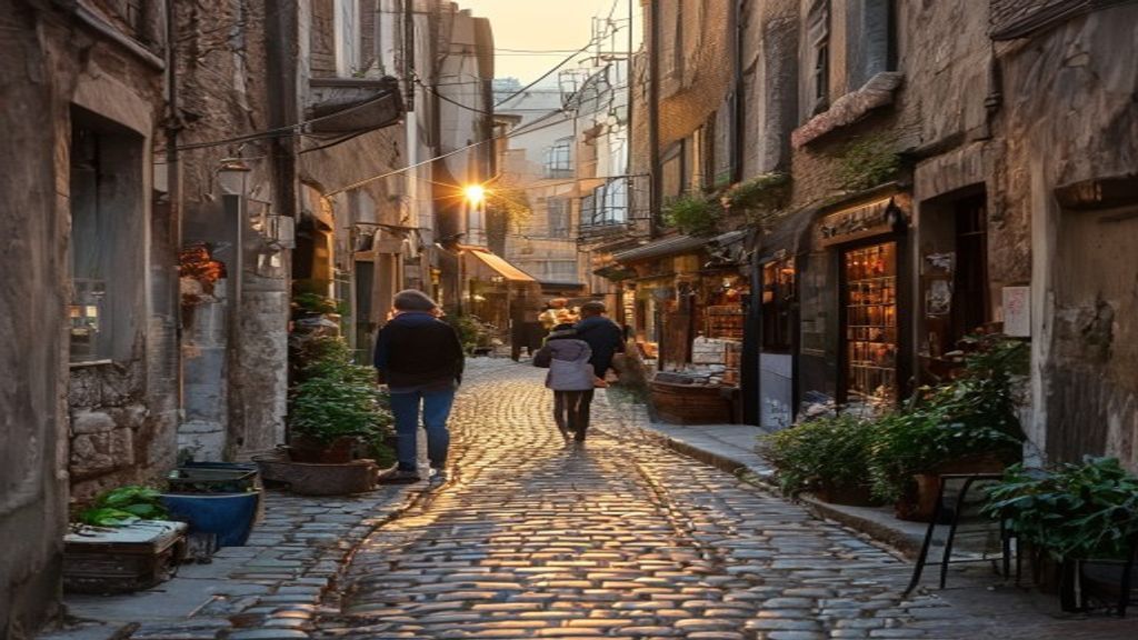 Cozy cobblestone alley in a historic district during golden hour, with a small group exploring artisan shops.