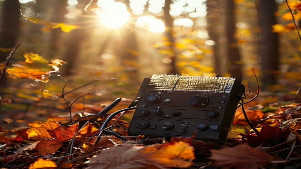Digital audio field recorder with fuzzy windscreen resting on dry autumn leaves in a sunlit forest.