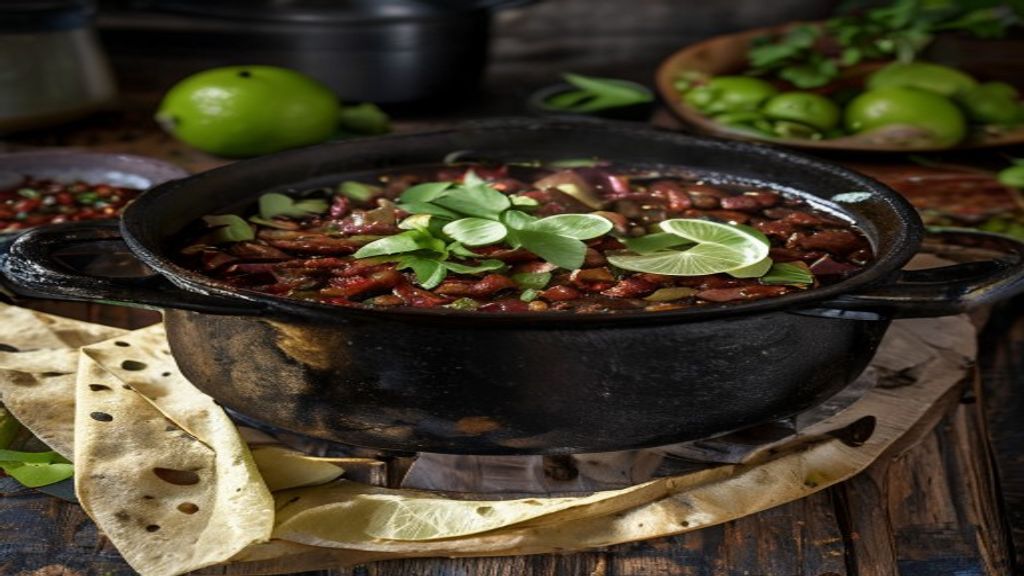 A simmering cast-iron pot of rich smoky black bean chili garnished with fresh cilantro and lime.