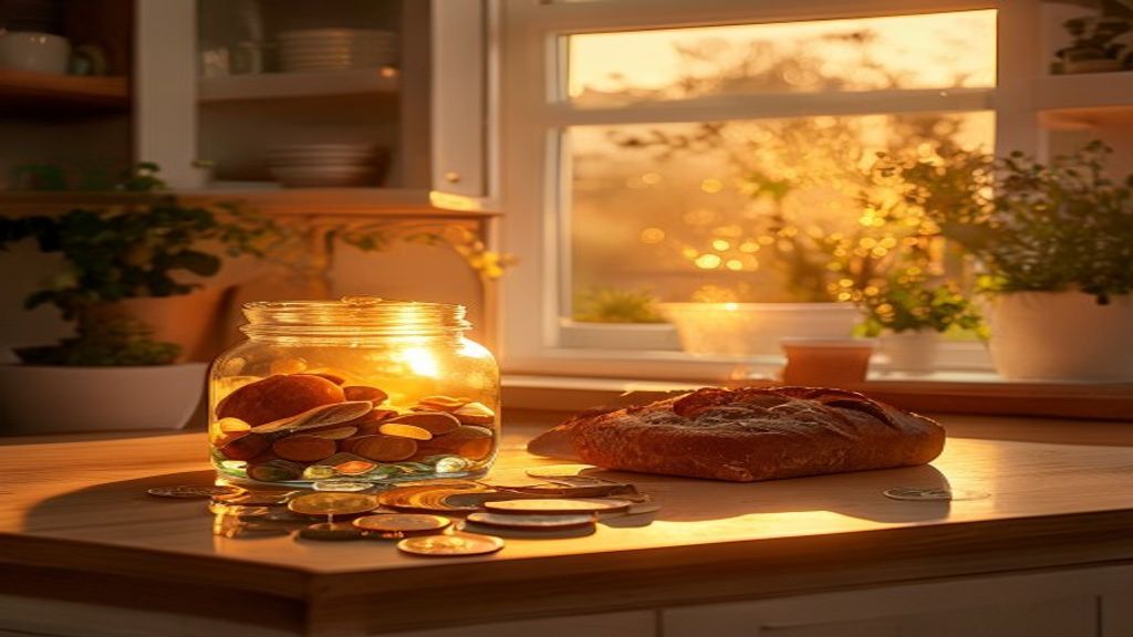 A jar filled with saved coins on a rustic kitchen counter next to freshly baked bread.