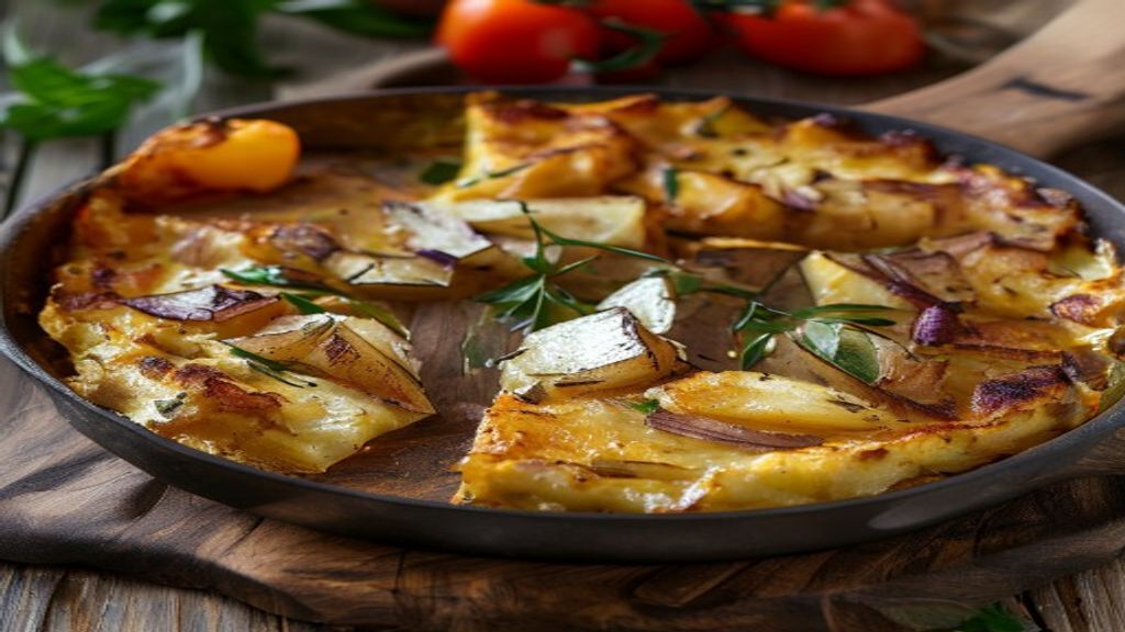 Golden skillet potato and egg frittata baked with green peppers and melted cheese.
