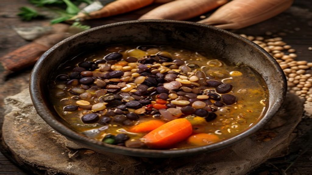 Overhead food photography of affordable whole ingredients surrounding a bowl of homemade lentil soup.