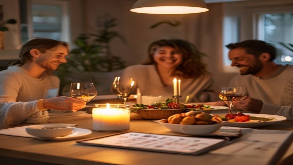 A happy family enjoying a delicious home-cooked budget meal around a cozy dining table.