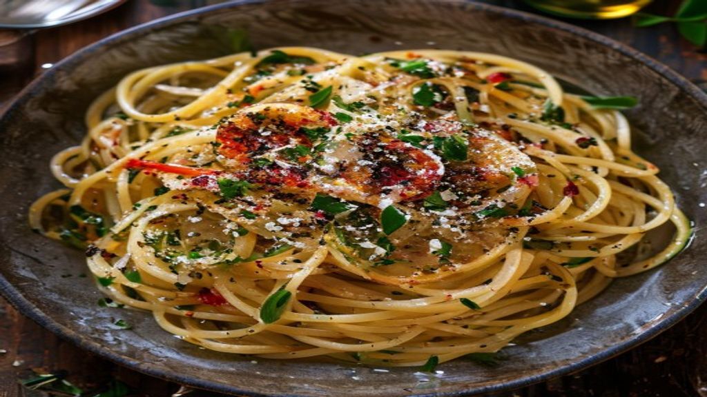 Plate of classic Spaghetti Aglio e Olio with toasted garlic slices and red pepper flakes.