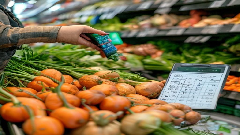 Frugal shopper using a meal plan checklist and calculator while shopping for fresh produce.
