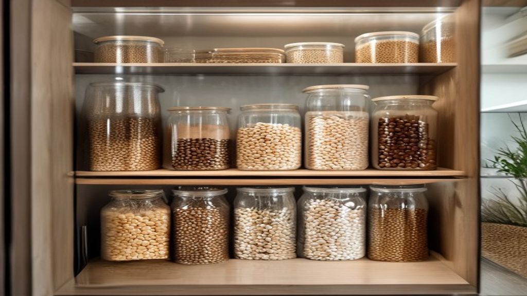 Organized kitchen pantry shelves with mason jars full of budget dried beans, rice, and lentils.