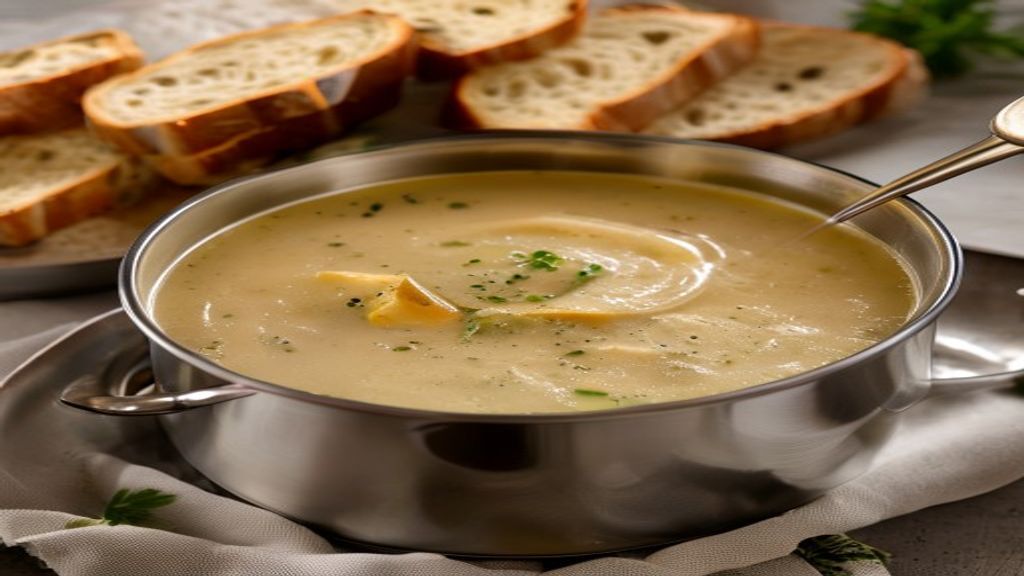 Creamy homemade potato and vegetable soup served with crusty bread slices.
