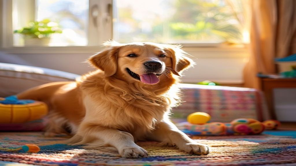 A happy dog sitting in a comfortable, sunlit living room for in-home pet boarding.