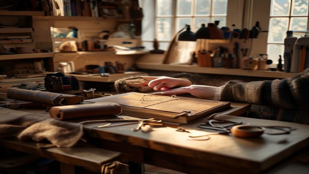 A craftsman stitching leather book covers by hand in a cozy, screen-free home workshop.