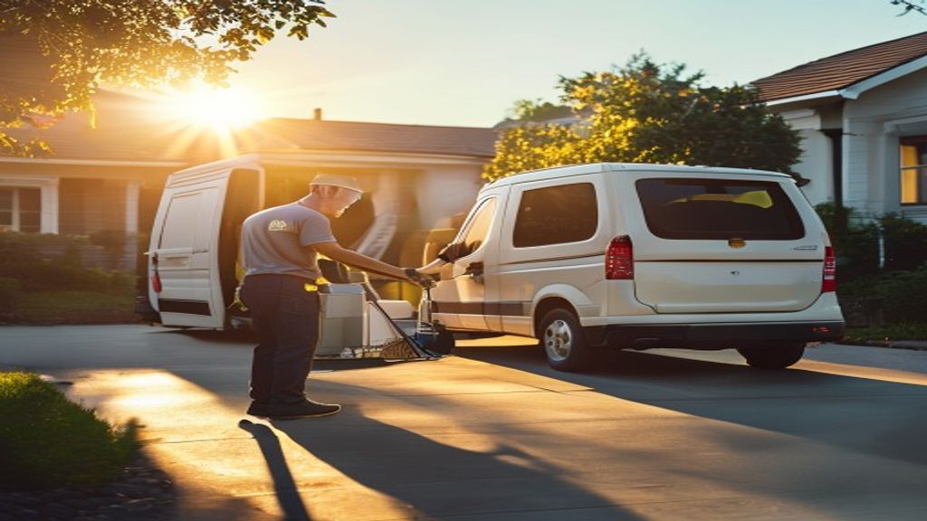 A professional home service worker loading equipment into a service van at sunrise.