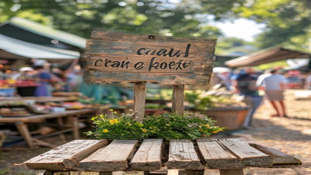 A rustic chalkboard sign at a local farmers market promoting home-based crafts.