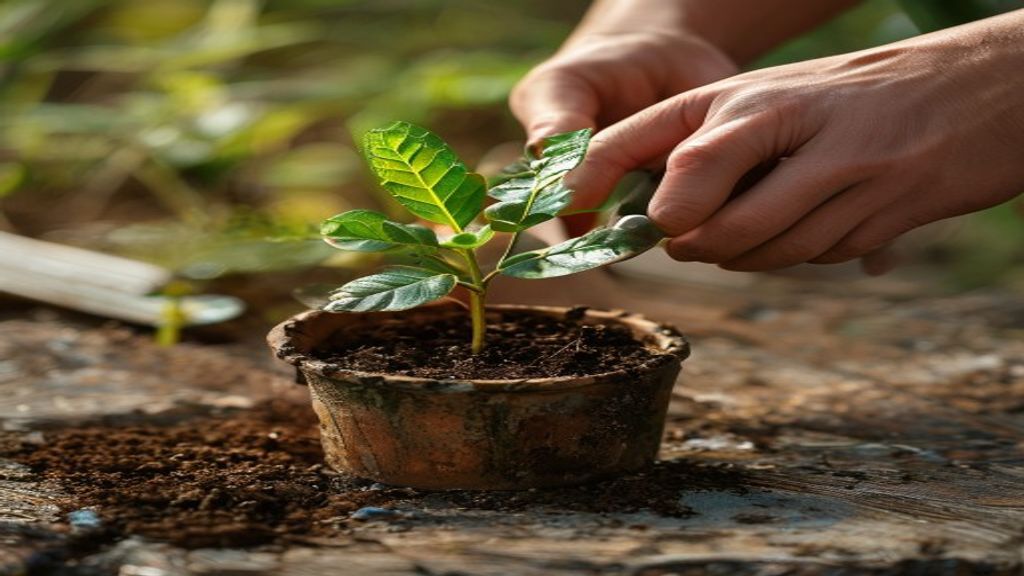 Close-up of hands transplanting a green plant on a rustic table, representing offline tactile work.