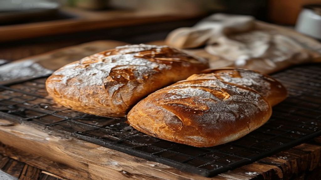Freshly baked sourdough bread loaves cooling on a rack in a warm home kitchen.