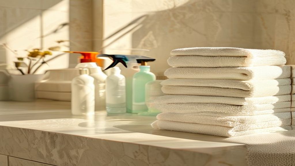 Clean folded towels and cleaning bottles on a bathroom counter, representing home organizing.