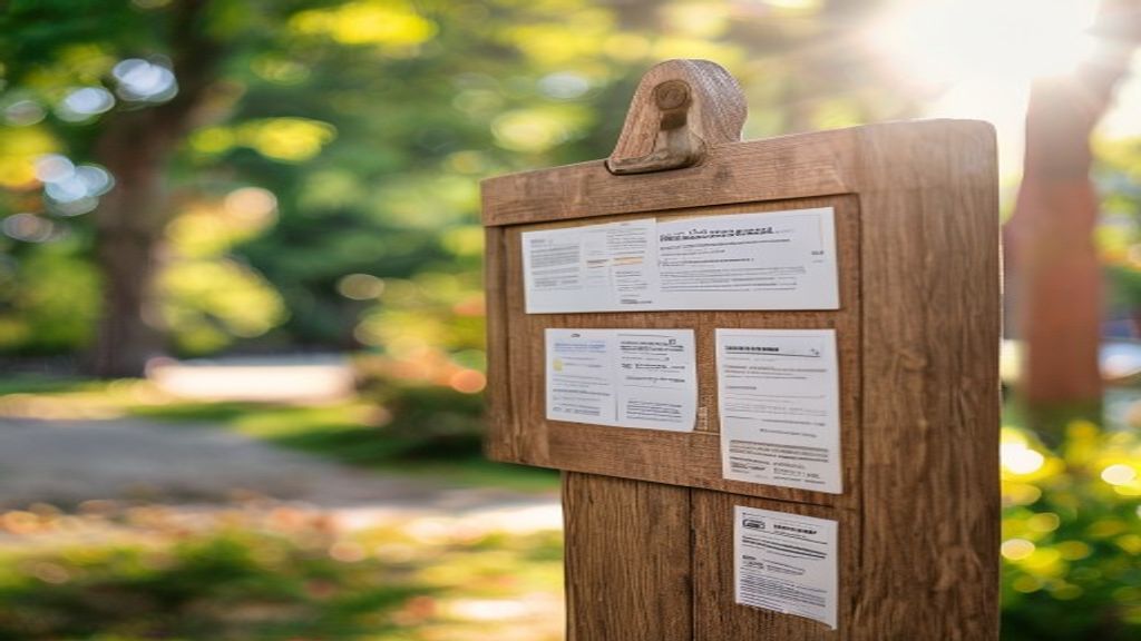 A neighborhood bulletin board with local flyers and services pinned, representing cash work search.