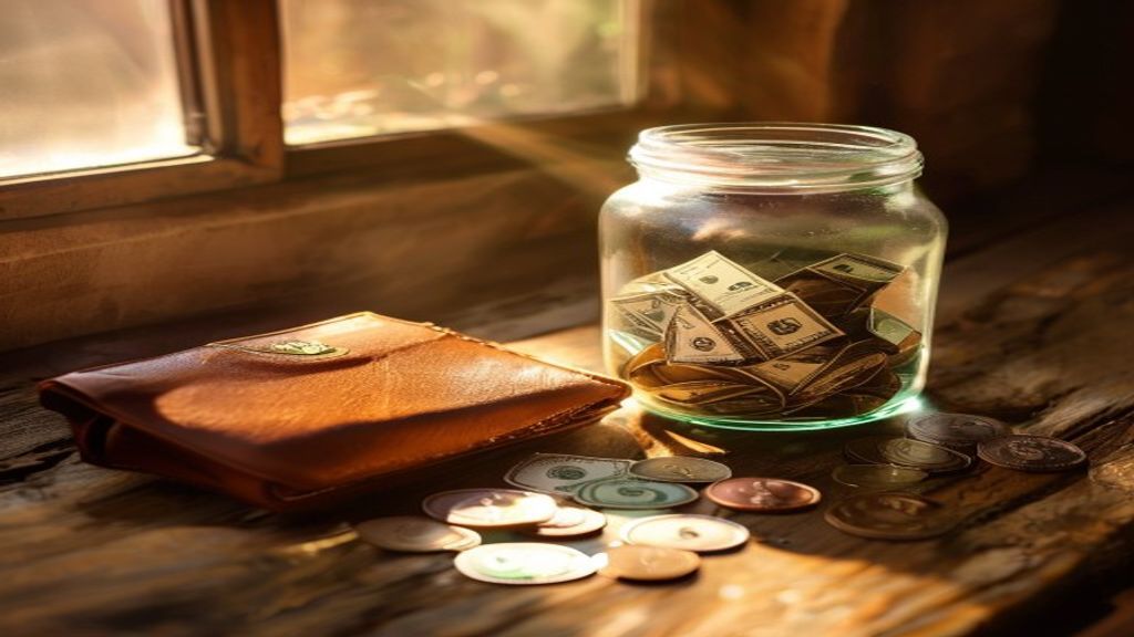 A glass savings jar filled with cash on a wooden table, representing quick cash earnings.