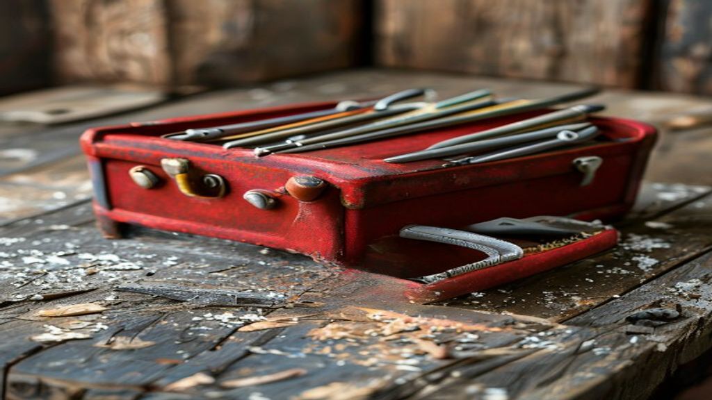 A close-up of handyman tools resting on a wooden workbench in a workshop.