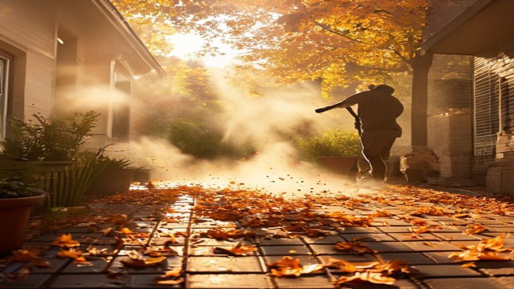 A local service provider performing leaf blowing services on a residential patio.