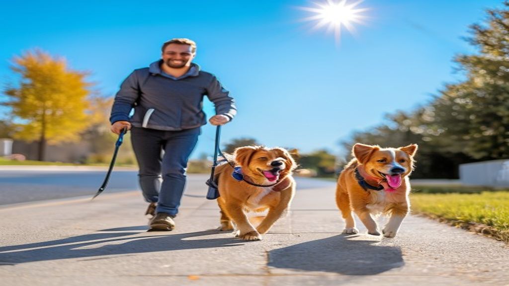 A professional dog walker walking multiple dogs on a sunny suburban sidewalk.