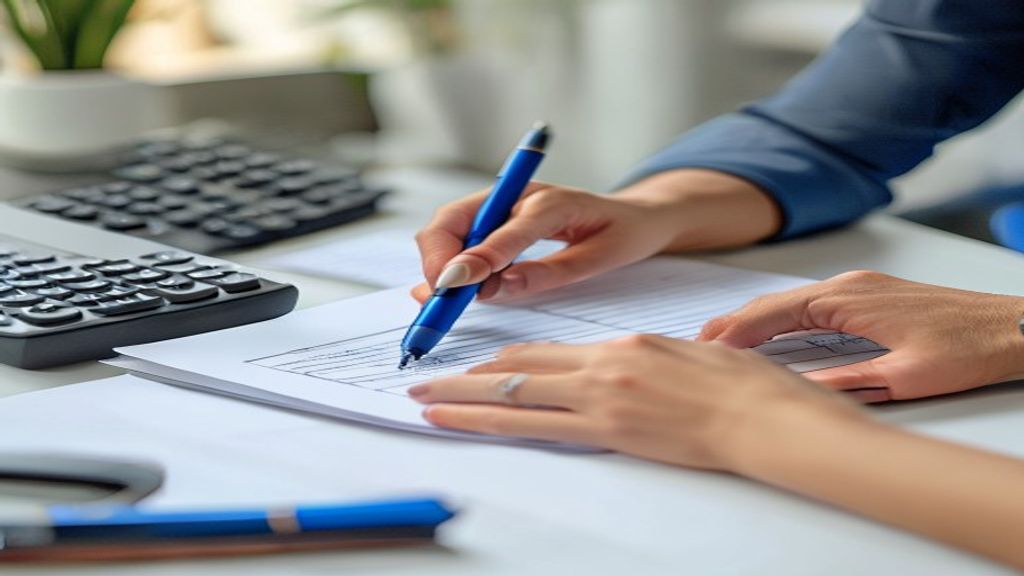 A close-up of hands filling out tax forms with a calculator nearby, representing compliance.