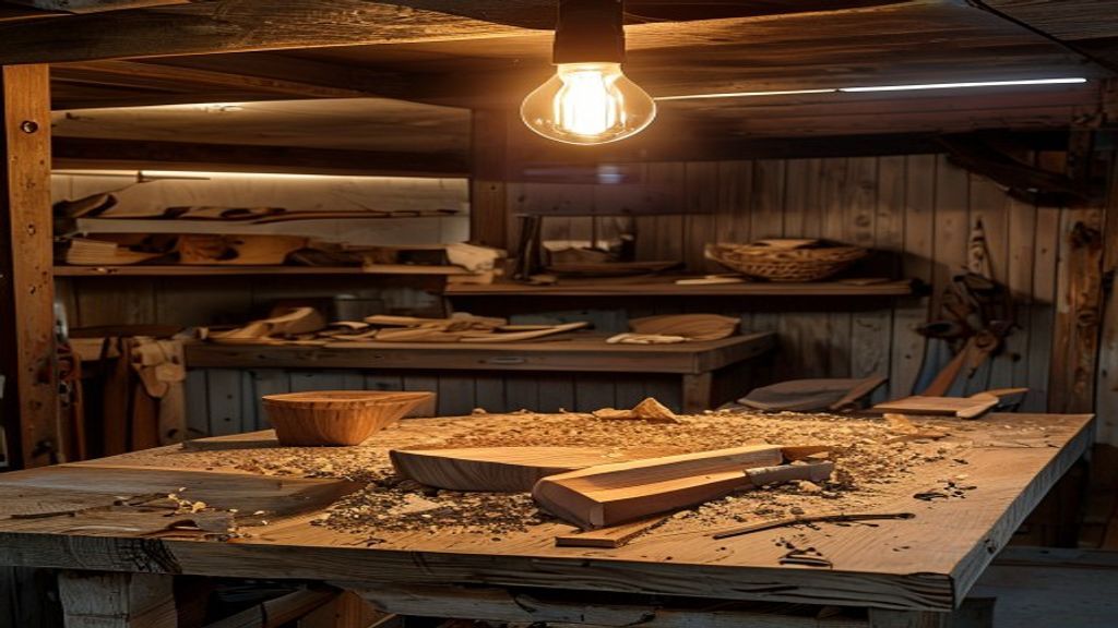 An organized garage woodworking workbench with hand tools and fresh wood shavings.