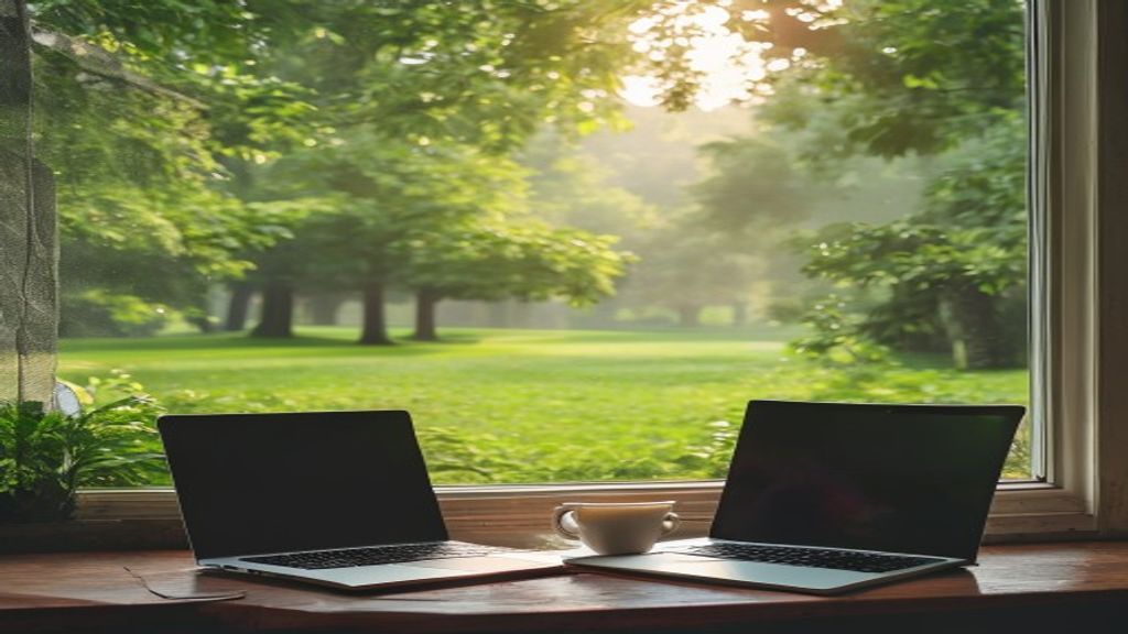An open laptop on a windowsill overlooking a park in morning sunlight.