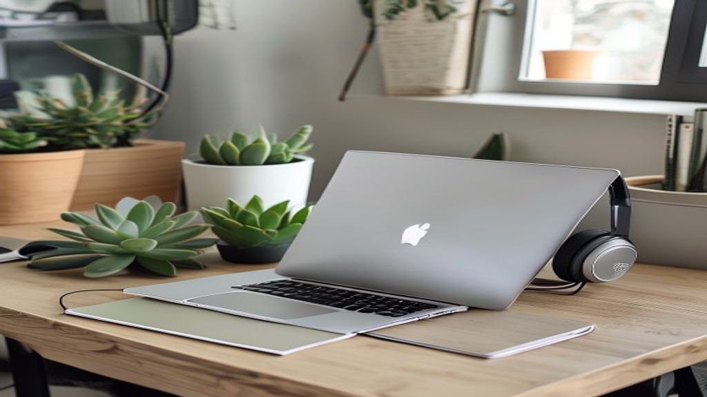 A modern home office desk with a laptop, headset, and stationery.