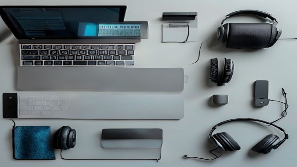 A flat lay of remote work equipment including laptop, keyboard, and headset.