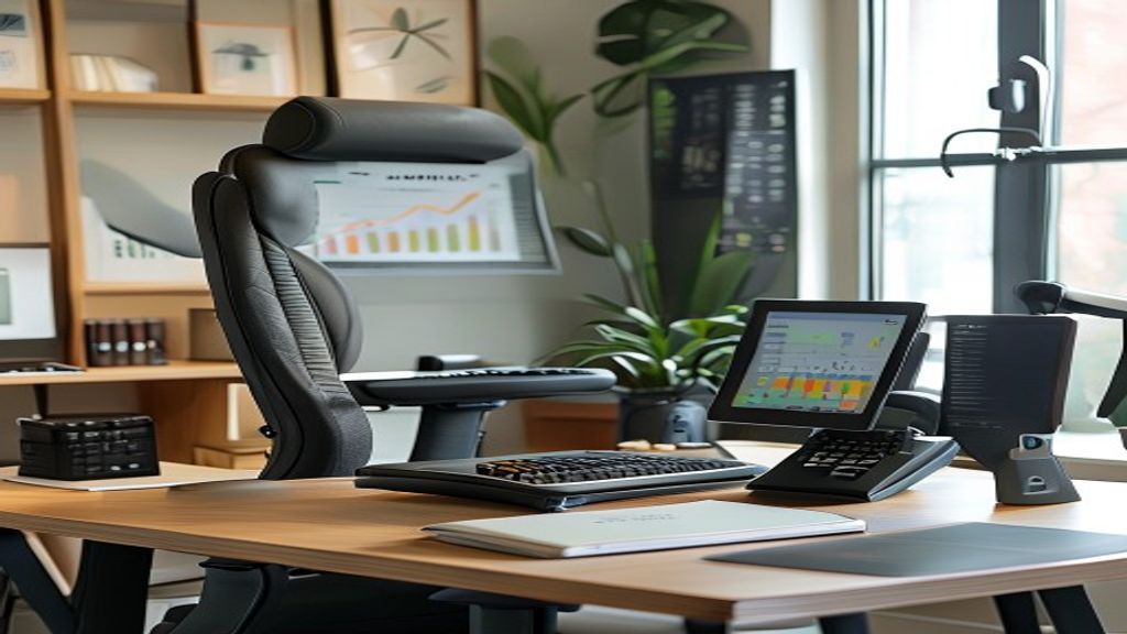An ergonomic home office setup with a high-end chair and standing desk.